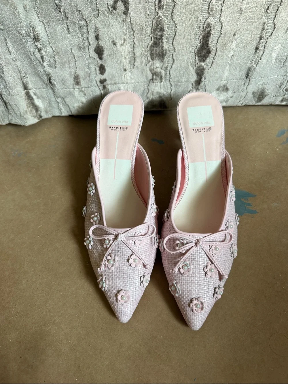 Dolce Vita Pink Floral Appliqué Pointed-Toe Mule Heels